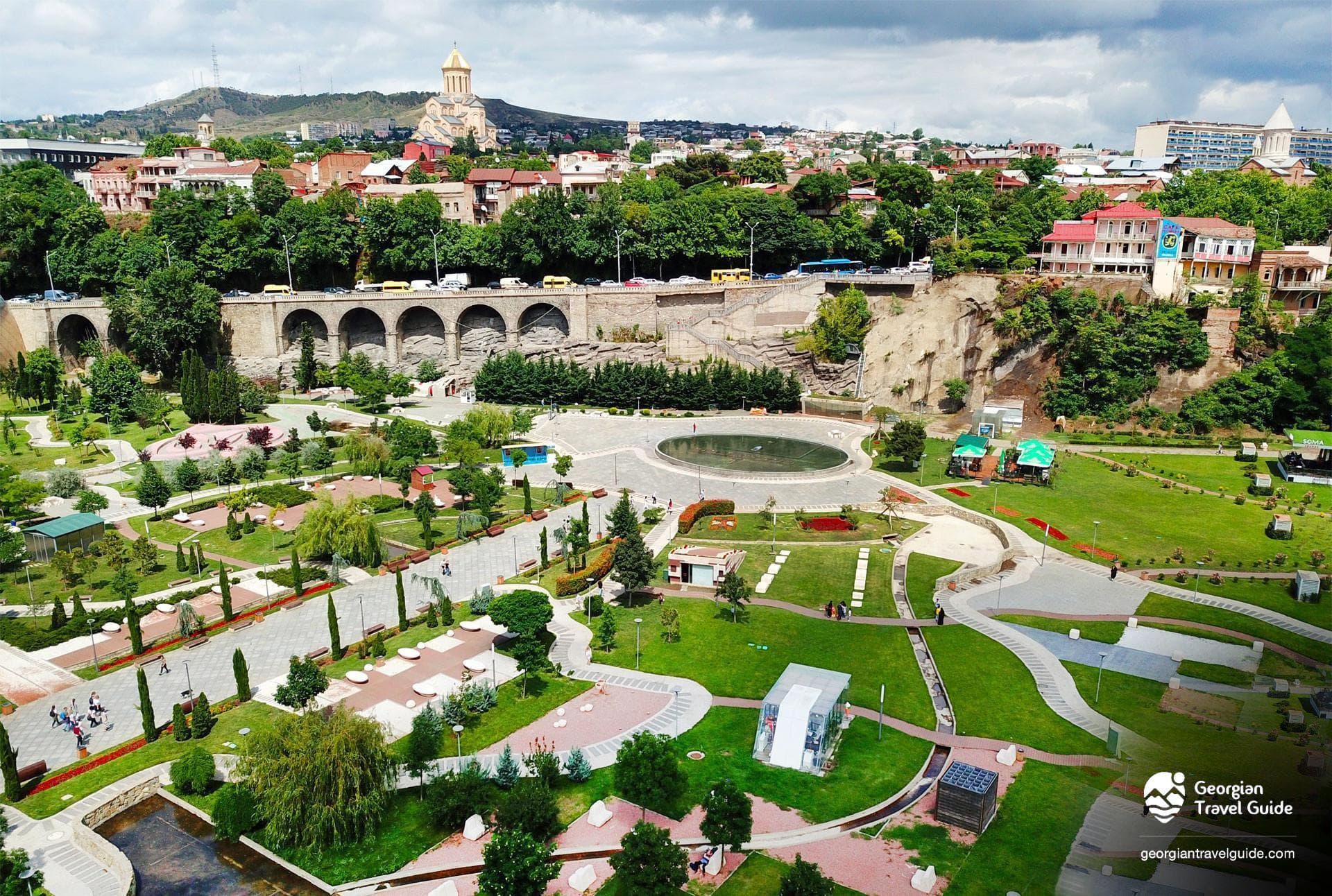 Scenic Rike Park in old Tbilisi with cable cars and river views