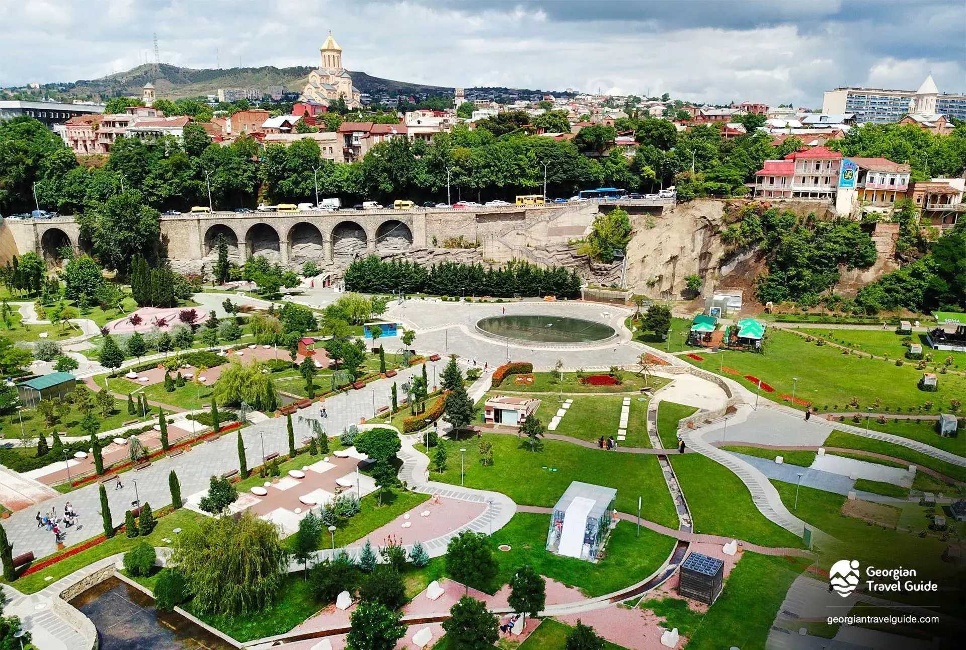 Scenic Rike Park in old Tbilisi with cable cars and river views
