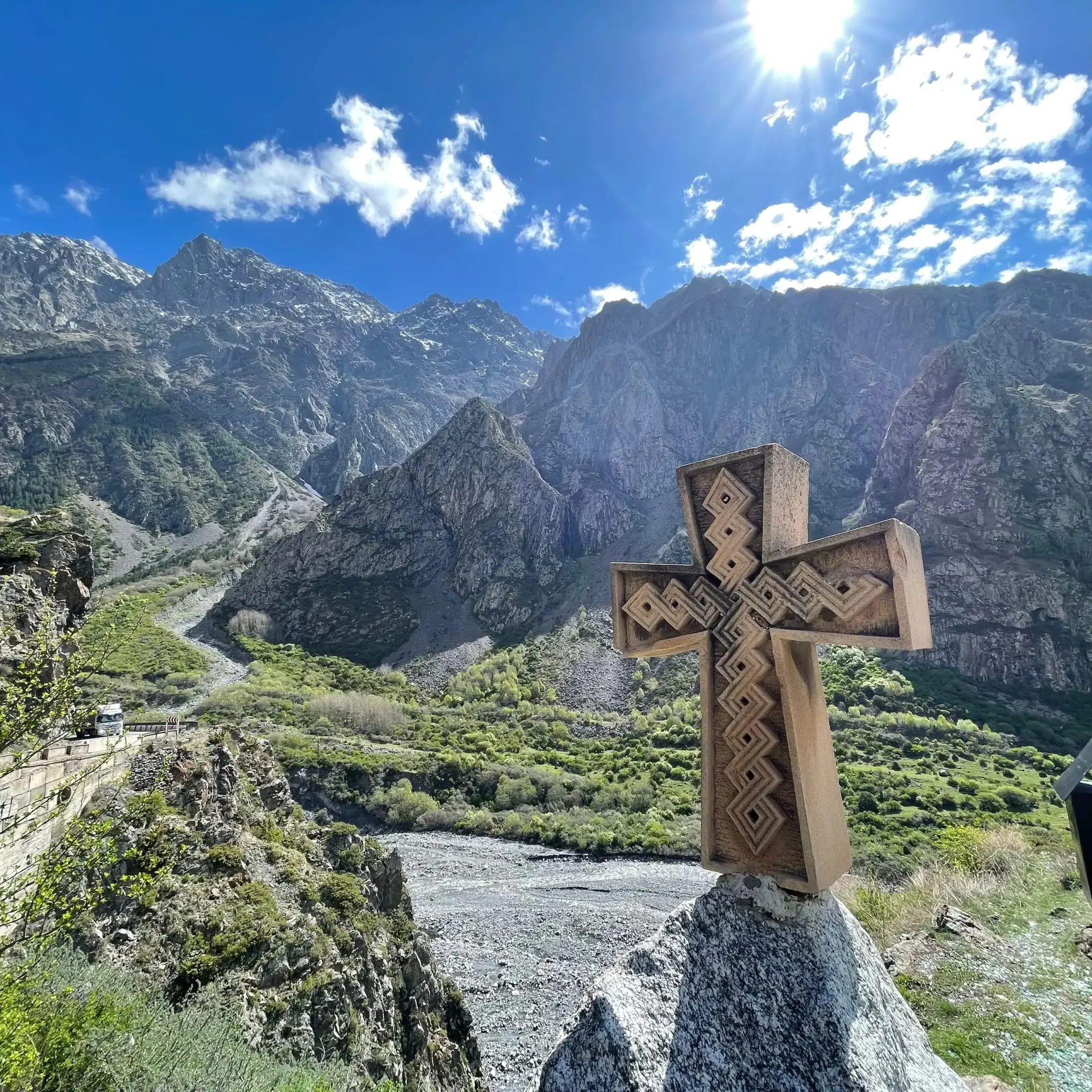 Hikers on trail to Gergeti Trinity Church Kazbegi