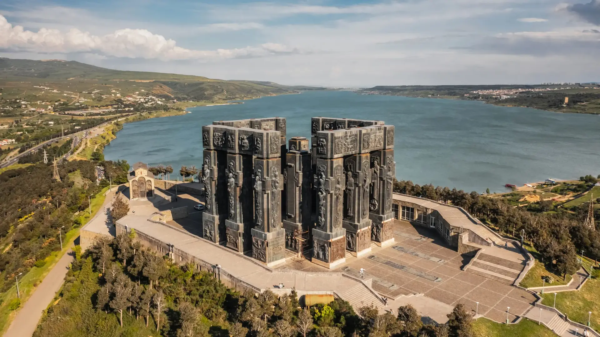 Aerial view of Chronicle of Georgia monument near Tbilisi